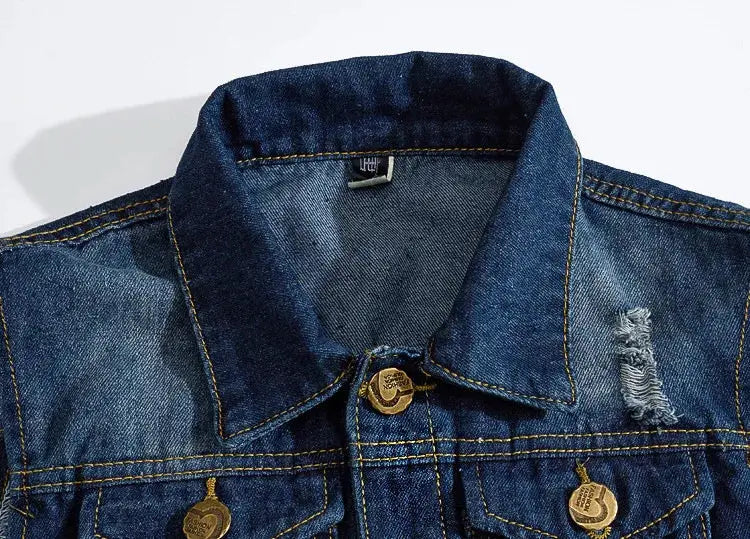 Denim sleeveless men's vest with brass buttons in blue jean fabric