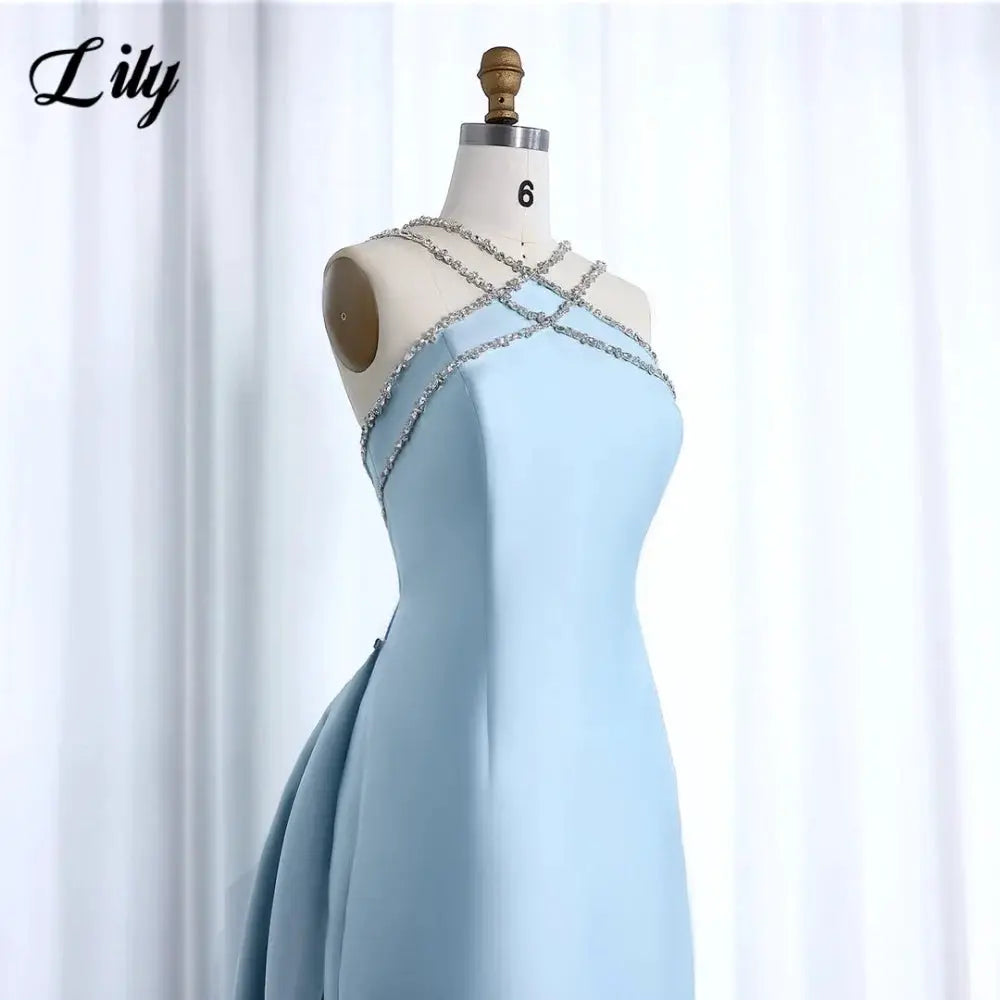 Lily Light Blue Prom Dress With Shiny Beading Halter Detachable Train