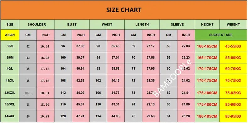 BAMBOOPLE men’s non-iron shirt size chart with Asian sizing and bust, waist, length, and sleeve measurements.