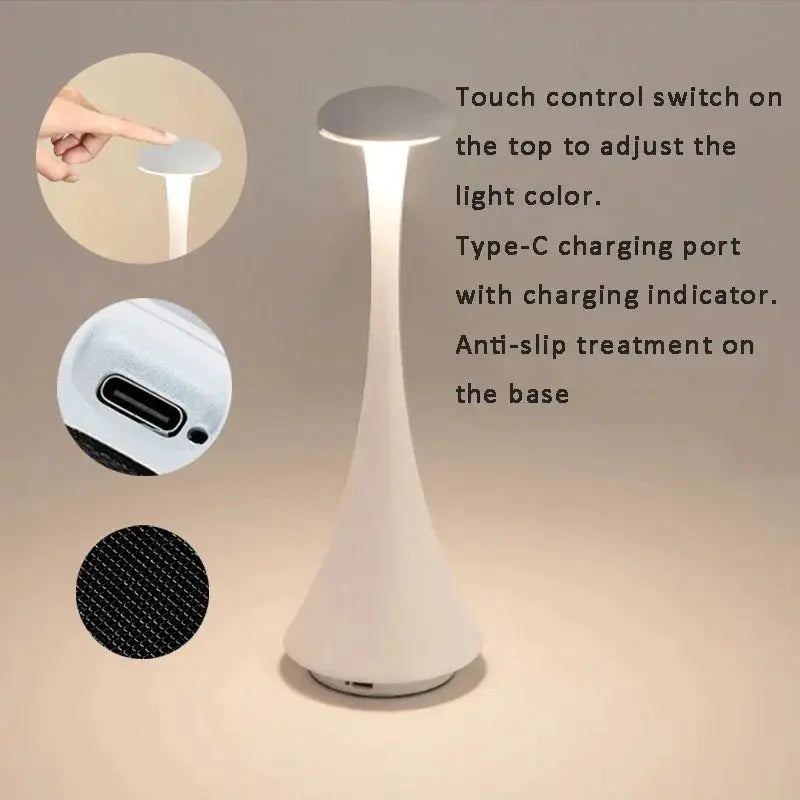 Mushroom Table Lamp by Simples Market, white USB-C rechargeable wireless touch night light for home.