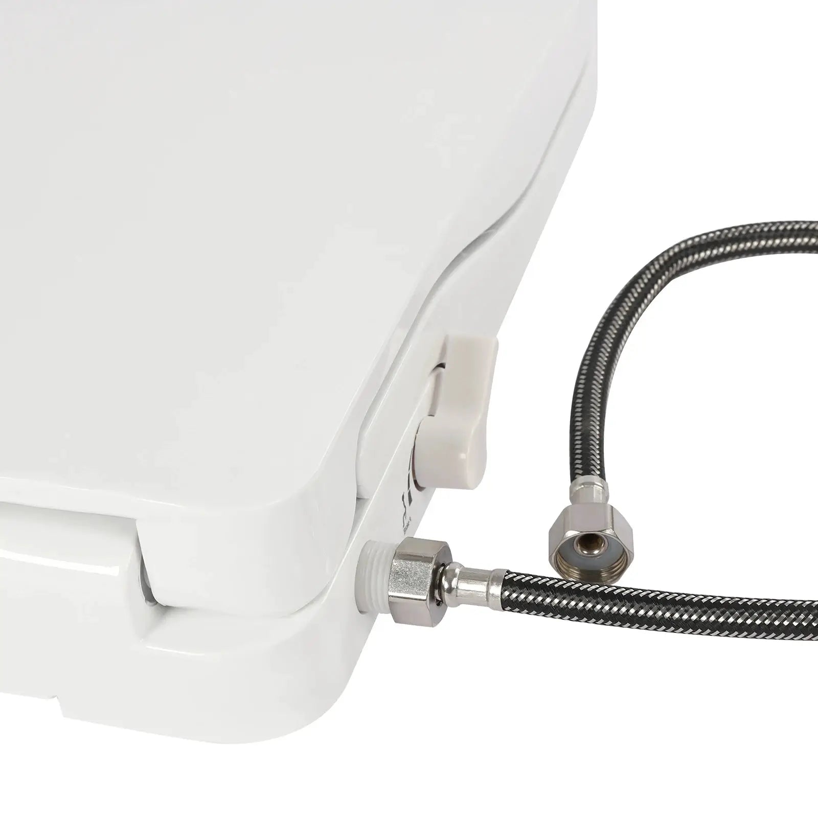 Smart toilet seat by Simples Market with dual nozzle system and braided supply hoses