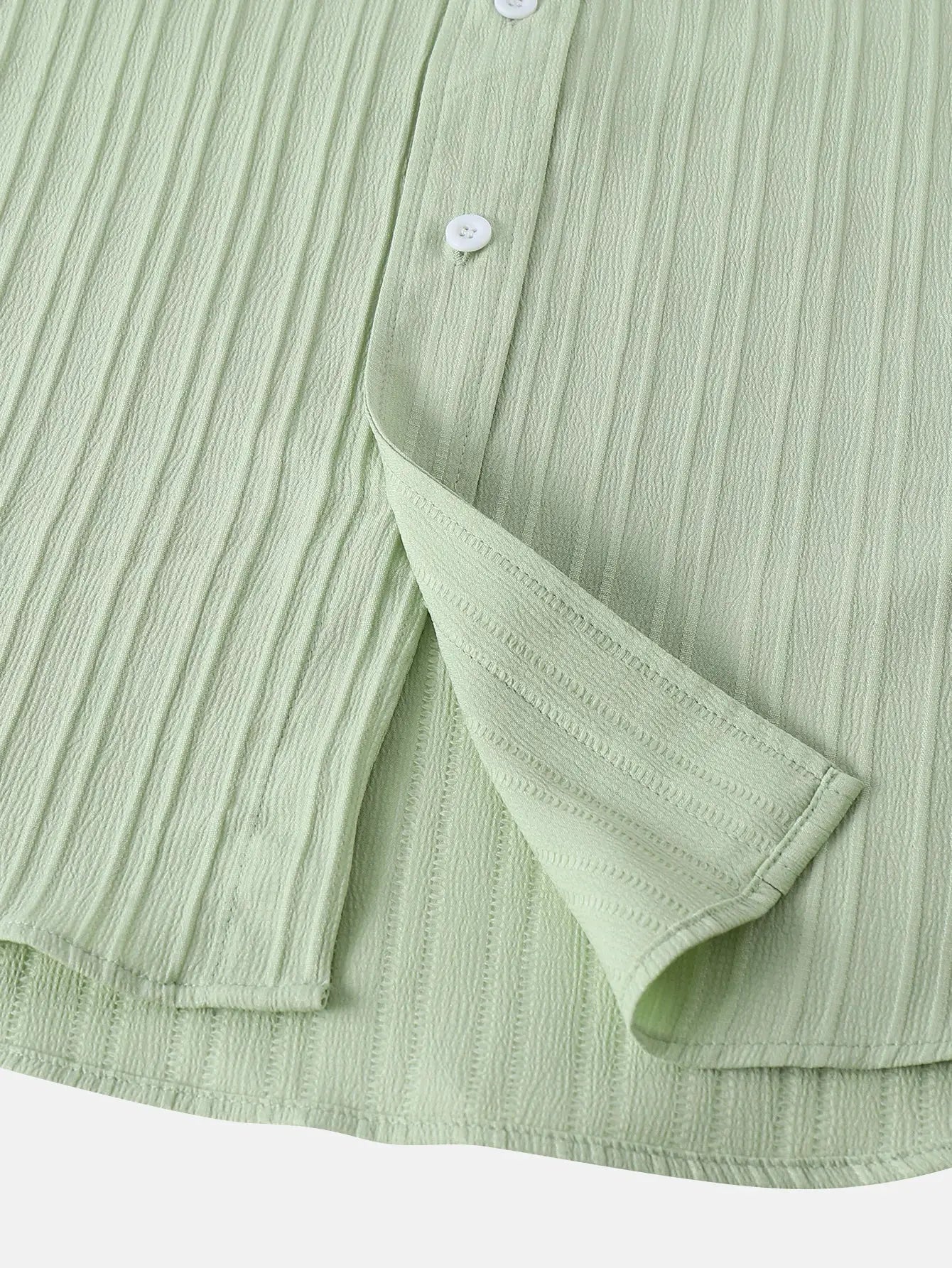 Men's pale green ribbed short-sleeve shirt, solid color, casual beachwear.
