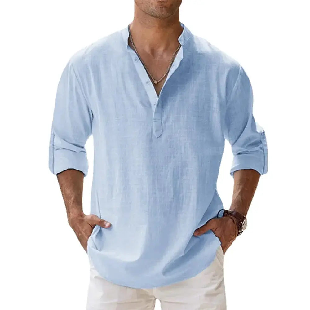 Men's Cotton Linen Blend Short Sleeve Henley Shirt For Summer Casual Beach Vacation