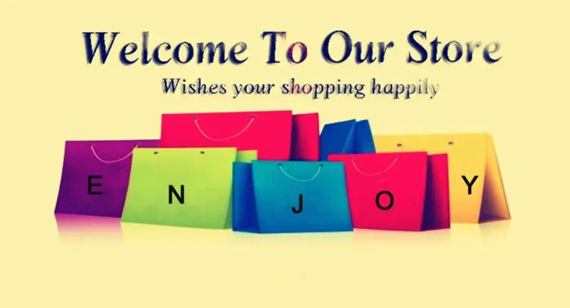 Shopping bags in bright colors spelling ENJOY on a pale yellow store banner.