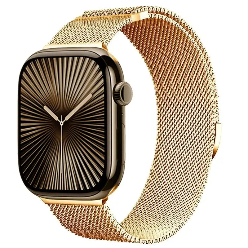 Metal Milanese strap for Apple Watch, gold-tone magnetic mesh band fitting 40–49mm models.