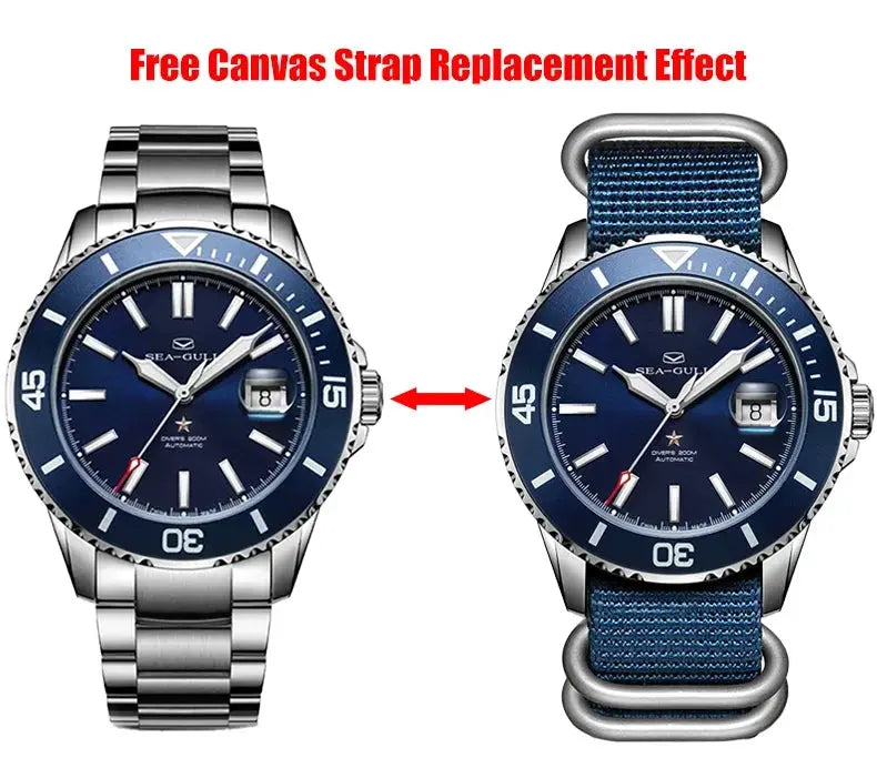 Sea-Gull diver watch, blue dial and bezel; two versions shown: stainless steel bracelet and blue fabric strap, 200m automatic.