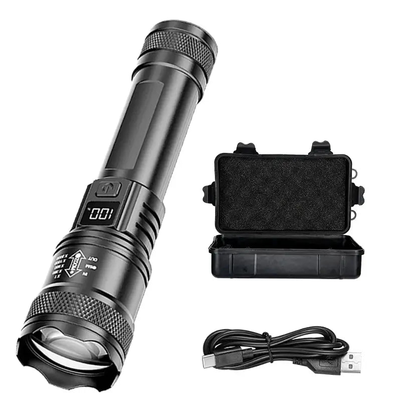 Simples Market rechargeable LED flashlight zoomable torch with LCD display, 3 modes, waterproof, includes case