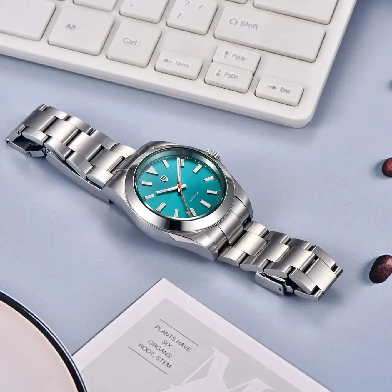 Pagani Design 8215 automatic men's watch with turquoise dial, sapphire glass, stainless steel band