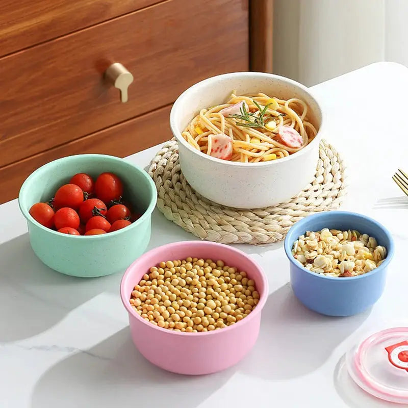 Three Piece Wheat Straw Fresh Keeping Bowls Set With Lids Microwave Safe Round Lunch Boxes For Home Use
