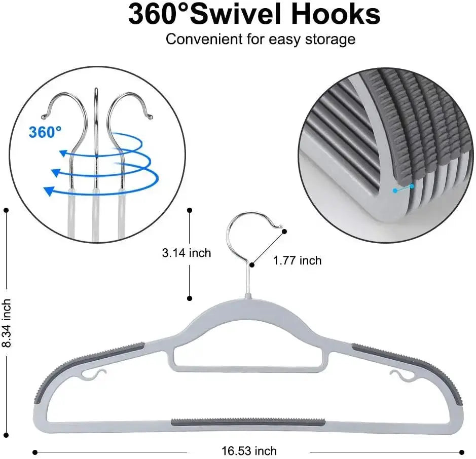 Simples Market gray plastic hanger with 360° swivel hook and ribbed anti-slip shoulders, heavy-duty.