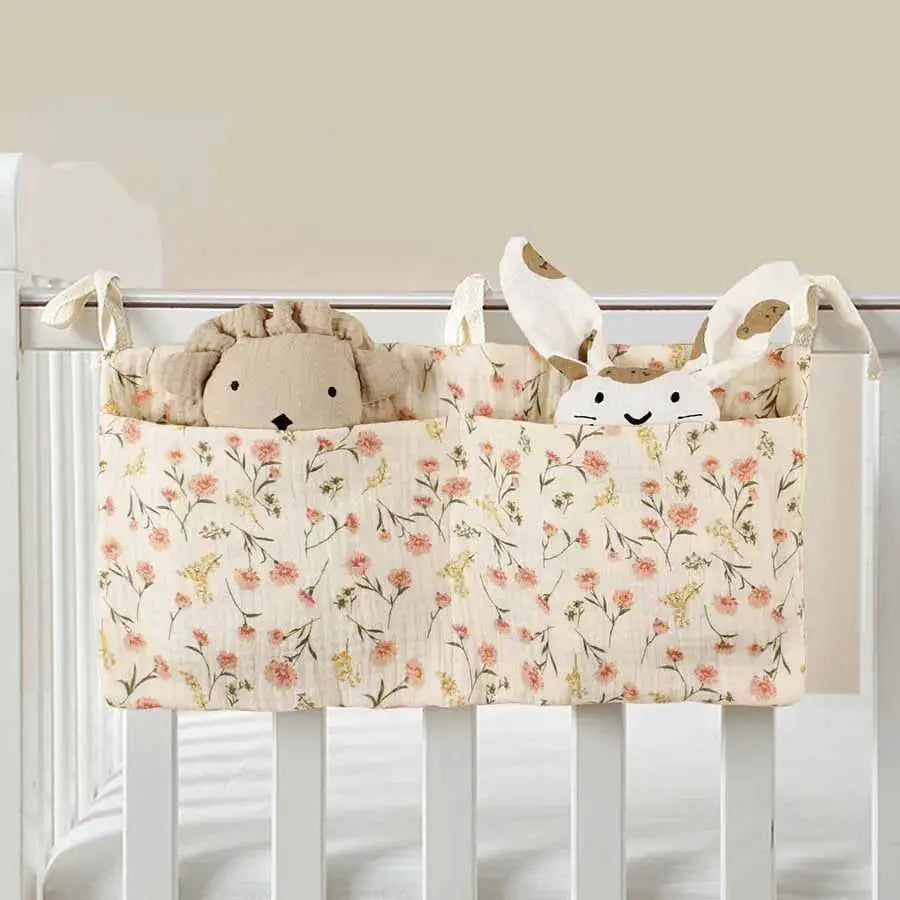 Two Pocket Baby Bedside Hanging Storage Bag Attaches to Crib Stroller Breathable Cotton Organizer for Diapers and Toys