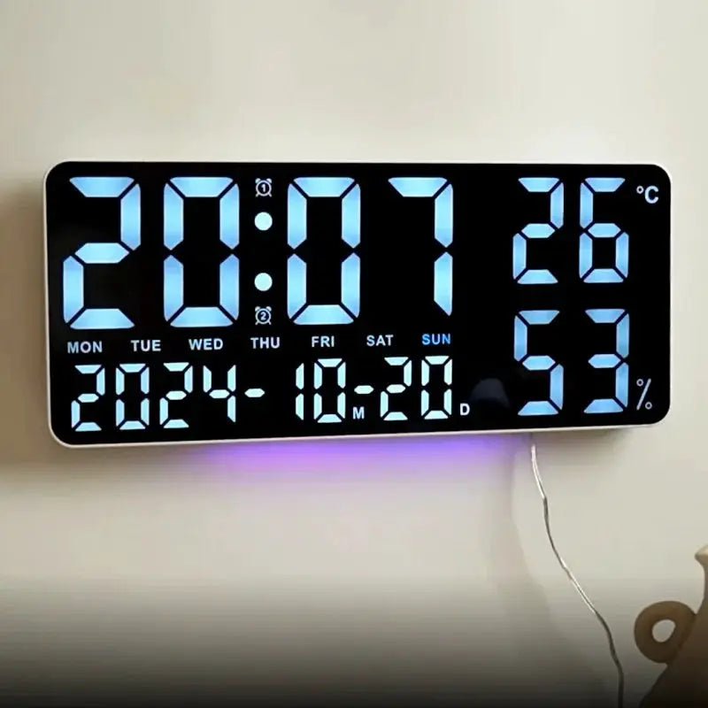 Large digital wall clock with blue LED display, 7-color mood light, date and temperature and humidity readouts