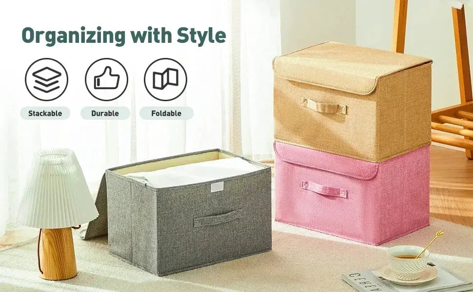 Foldable storage boxes with lids; washable cotton-linen fabric in gray, beige, pink (3-pack)