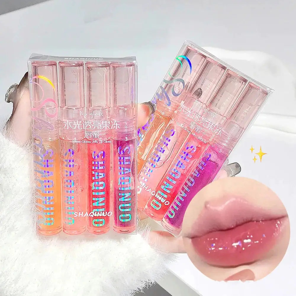 NovaGlow Water Gloss Mirror Jelly Lip Gloss Set 4 Piece Hydrates Lips With Pearl Shimmer And Brightens Lip Color