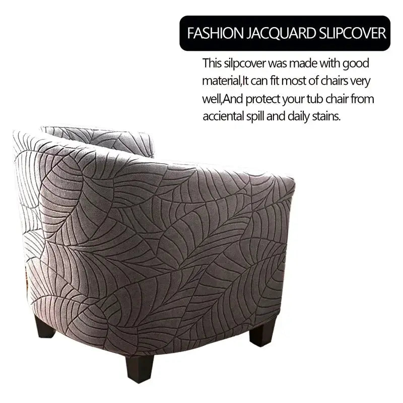 Leaves jacquard tub chair slipcover in grey with leaf pattern, stretch fabric