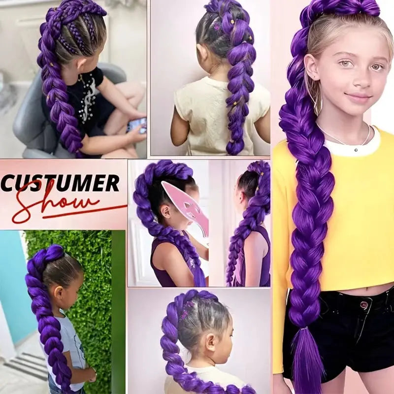 Kids purple KPop anime cosplay wig, 26-inch long braided ponytail with clips