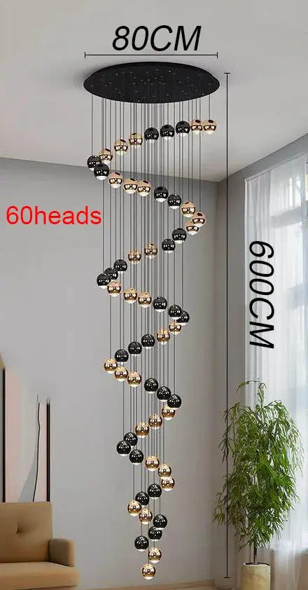 Pendant light: modern LED fixture with 60 black and gold spheres