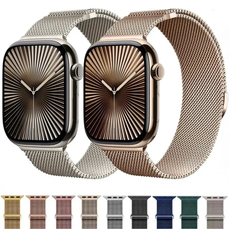 Metal Milanese Apple Watch strap in silver and rose-gold magnetic mesh with color options