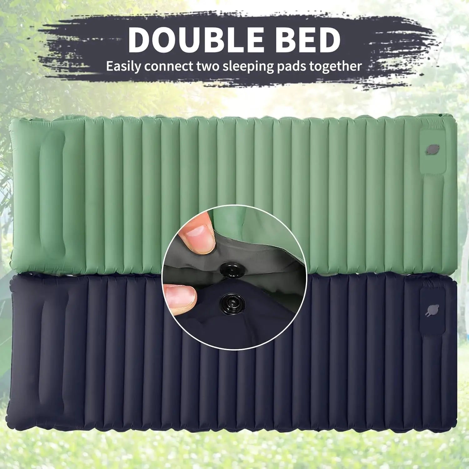 Simples Market double sleeping pad set; two spliceable self-inflating camping pads in green and navy