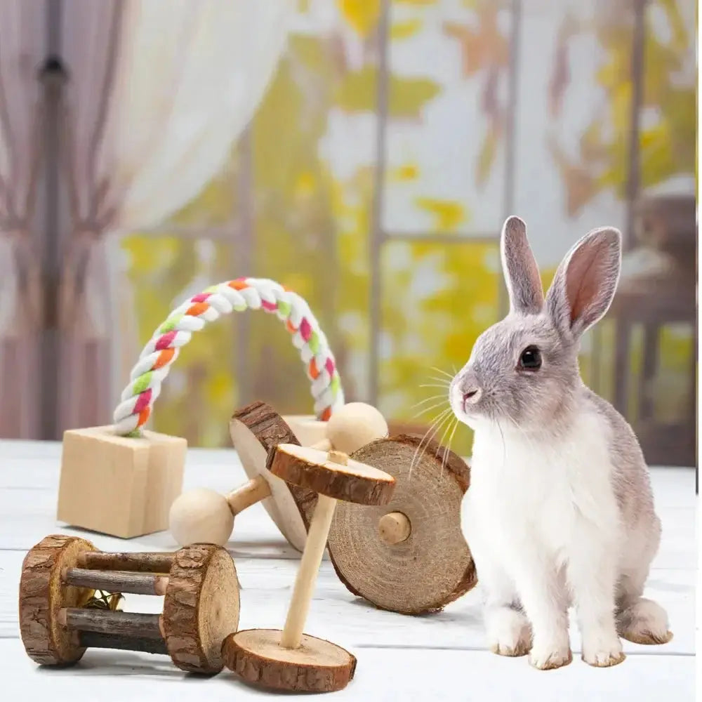 Small animal wooden chew toys set by Simples Market; natural pine play items for rabbits and guinea pigs.