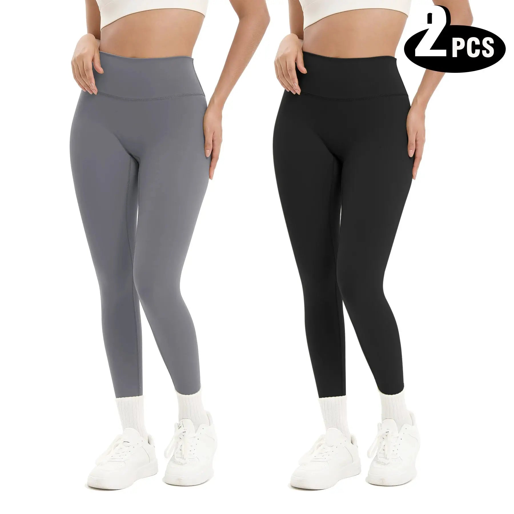 2-pack women's high-waisted butt-lifting seamless yoga leggings, gray and black, breathable elastic fabric