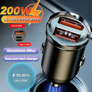 Car 100-200W Dual Port Mini USB Charger Ultra Fast Charging For Cigarette Lighter Socket 12-24V Aluminum Alloy