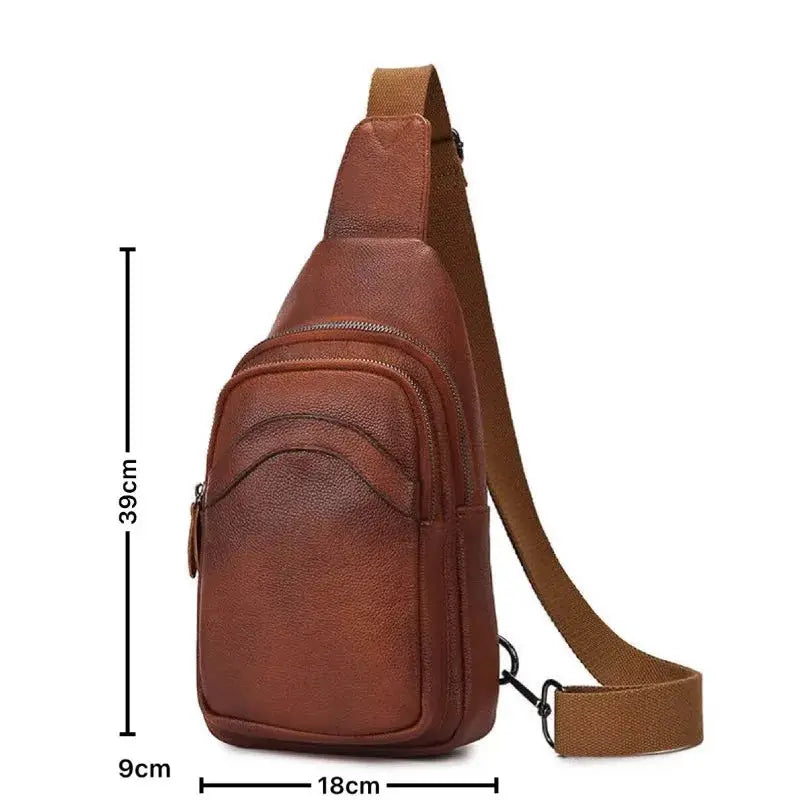Men's brown genuine top-grain leather chest bag with multiple zip pockets and crossbody strap