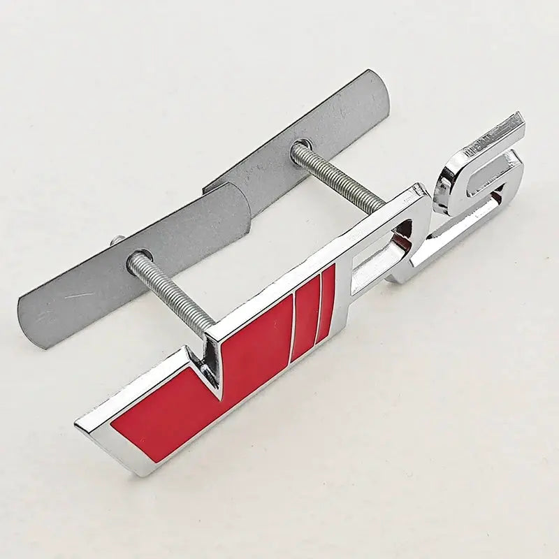 3D metal car badge with red RS emblem, chrome finish for Skoda RS front grille, fender or trunk