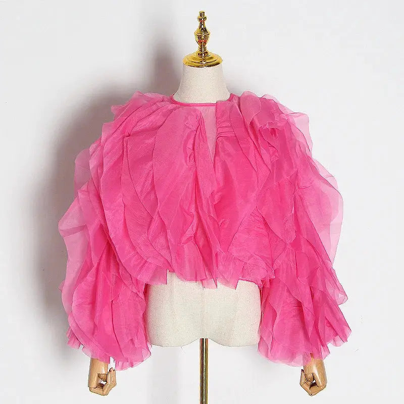 Twotwinstyle Elegant Patchwork Ruffles Chiffon Blouse O Neck Lantern