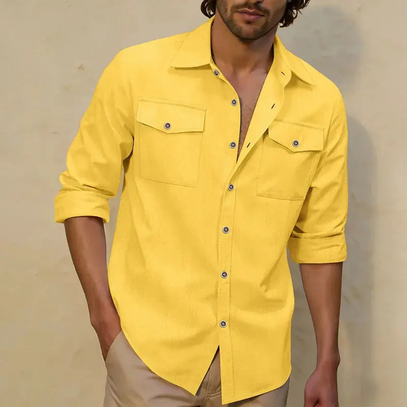Men's yellow linen long-sleeve button-up shirt with double chest pockets, soft loose fit.