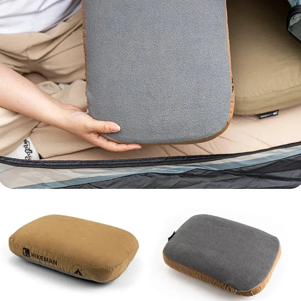 Soft slow-rebound memory foam neck pillow for camping and travel, gray with brown edge; Simples Market