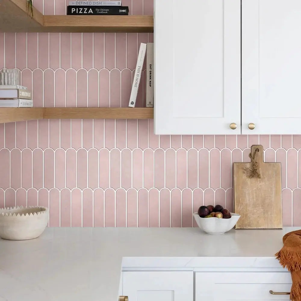 Peel-and-stick wall stickers: pink wall panels with white arched pattern for living rooms, DIY home decor
