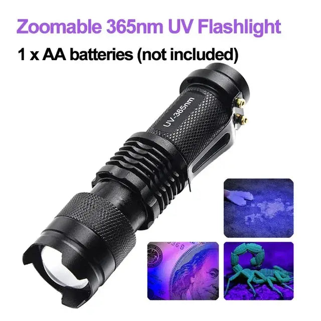 Dual Wavelength UV Flashlight 365Nm 395Nm Portable Mini Torch Zoomable Violet Light Pet Urine Scorpion Detector