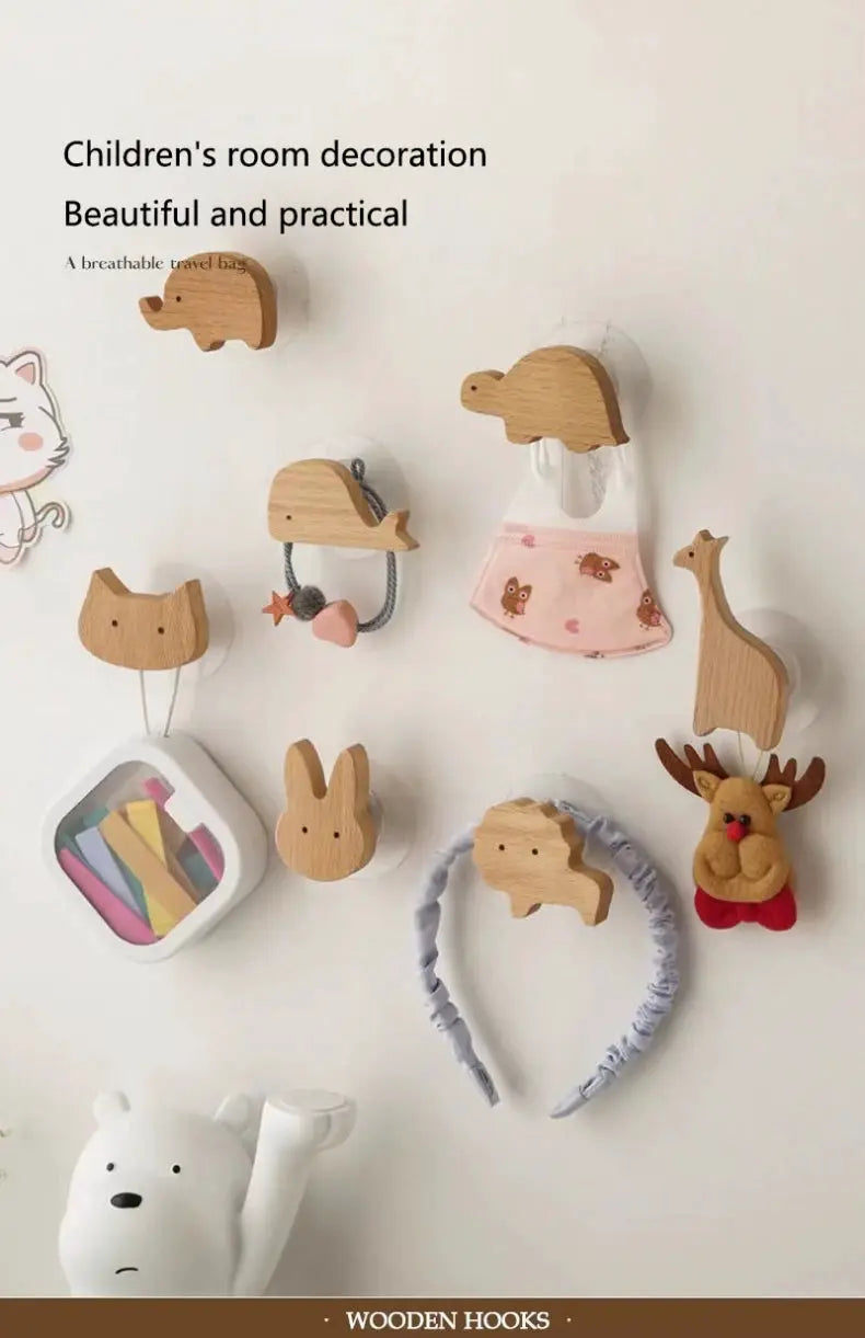 Cute wall wooden hooks set for kids' room, natural wood animal shapes for coats and bags