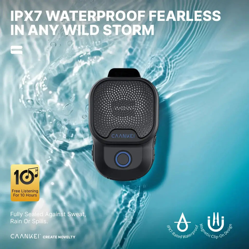 CAANKEI wearable Bluetooth speaker IPX7 waterproof clip-on for calls and music, black