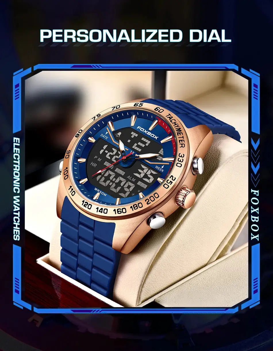 FOXBOX luxury men's digital watch with blue strap and rose-gold case, 30m water resistant