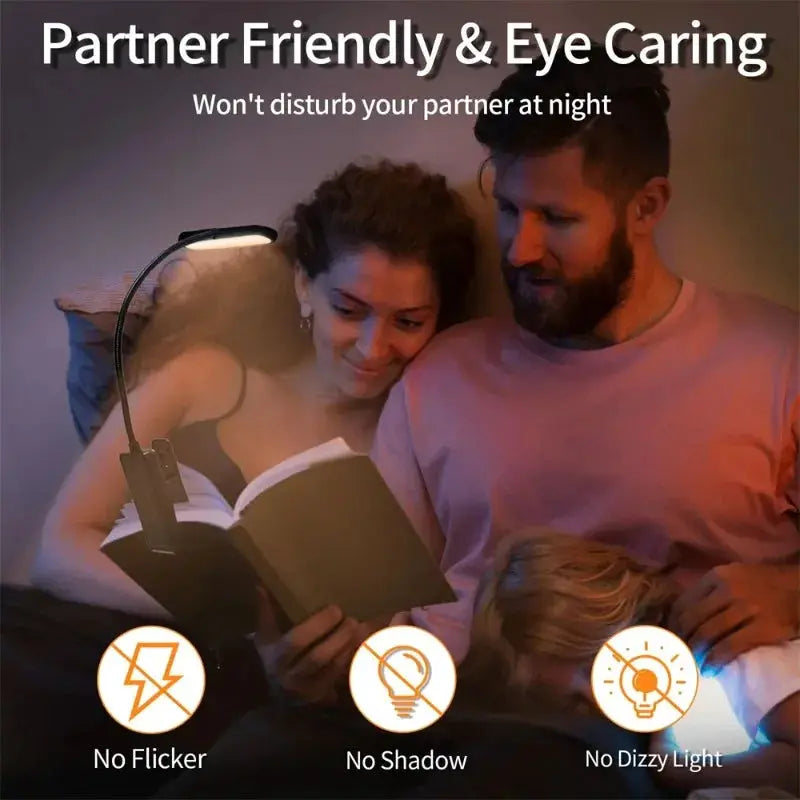 Simples Market LED clip-on book light, eye-care, USB rechargeable, dimmable and adjustable for night reading.