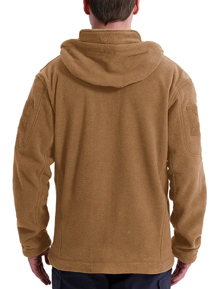 Men's tan fleece jacket with hood, back view, warm outdoor outerwear