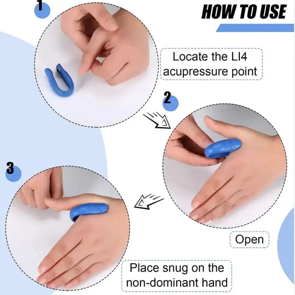 Shiatsu thumb and hand pressure point clip in blue for acupressure; step-by-step use shown on non-dominant hand