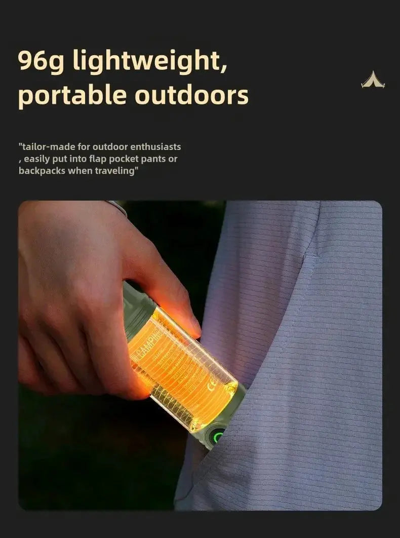 Simples Market portable outdoor LED flashlight, green and orange, rechargeable camping light.