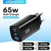 ASOMETECH 65W GaN USB-C Charger with dual USB-C and USB-A port; EU/US/UK/KR plug