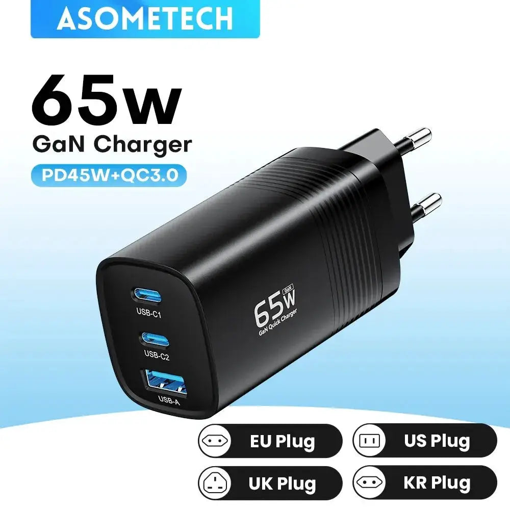 ASOMETECH 65W GaN USB-C Charger with dual USB-C and USB-A port; EU/US/UK/KR plug