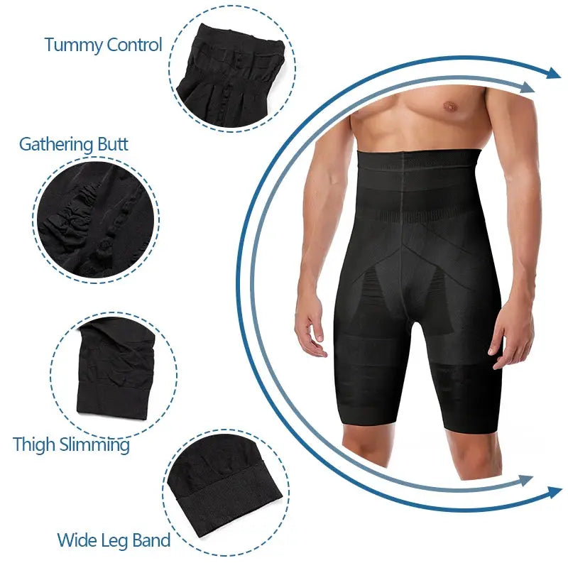 Simples Market men’s high-waist tummy-control shorts shapewear in black with thigh slimming bands