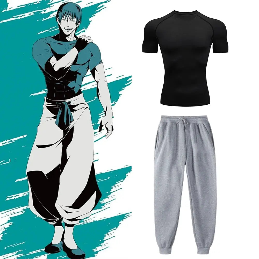Jujutsu Kaisen Toji compression shirt set by Simples Market: black quick-dry tee with gray sweatpants, unisex athletic wear