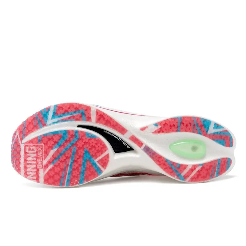 ONEMIX Marathon carbon-plate running shoe sole with pink/blue patterned outsole, white midsole, and green window.
