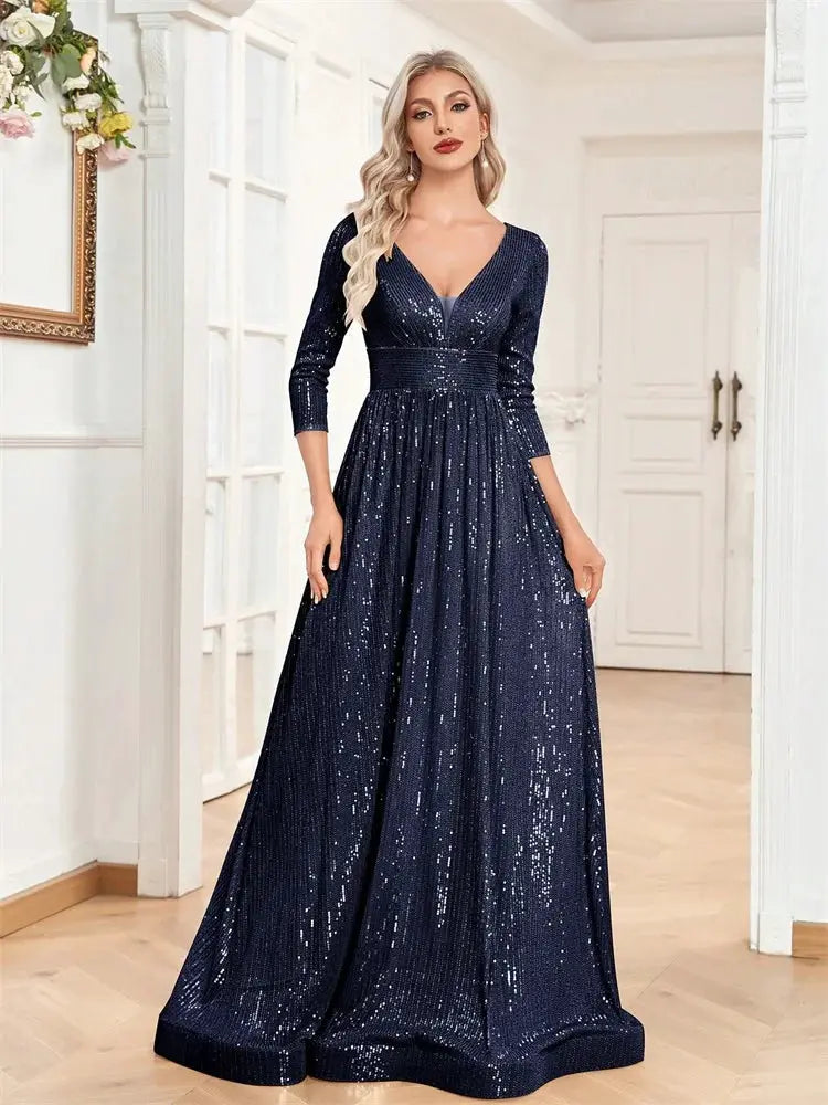 Luxury V Neck Long Sleeve Blue Sequins Formal Evening Dress Women Maxi