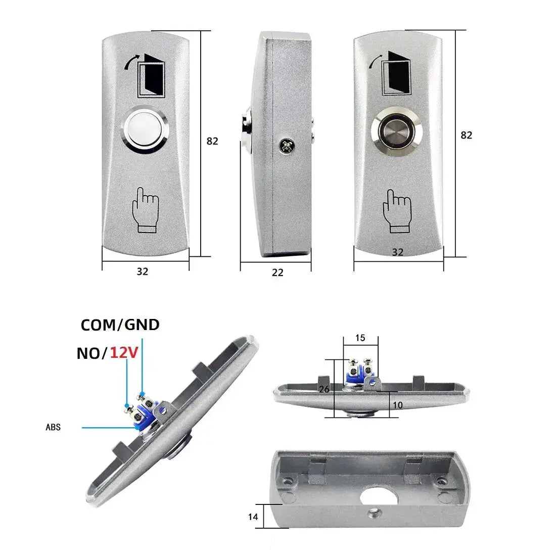 Access button door exit push switch with no-touch release, silver metal housing by Simples Market, with mounting plate.