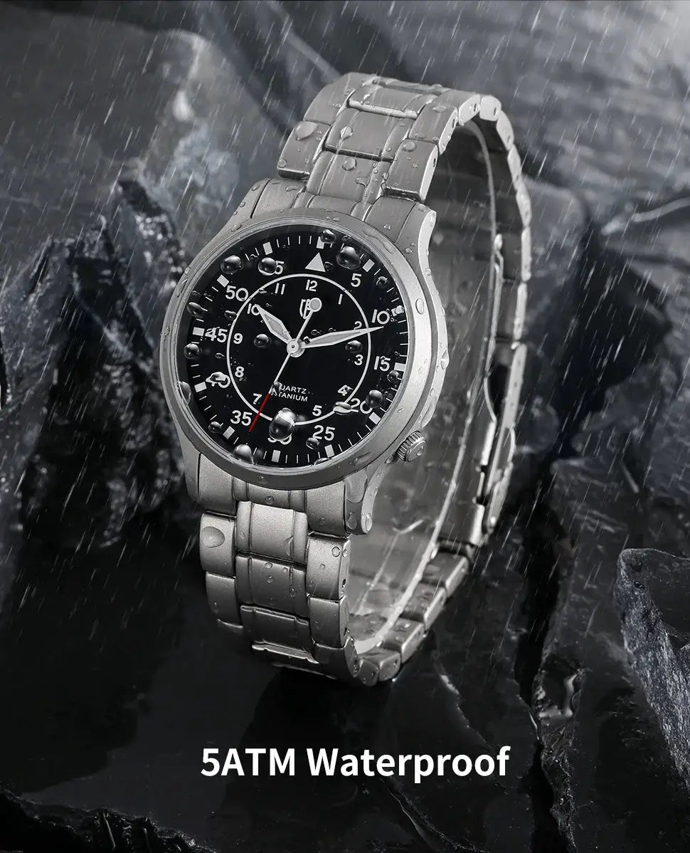 BERNY Titanium Men's Watch with AR-coated sapphire glass, black dial, titanium bracelet, 5ATM waterproof