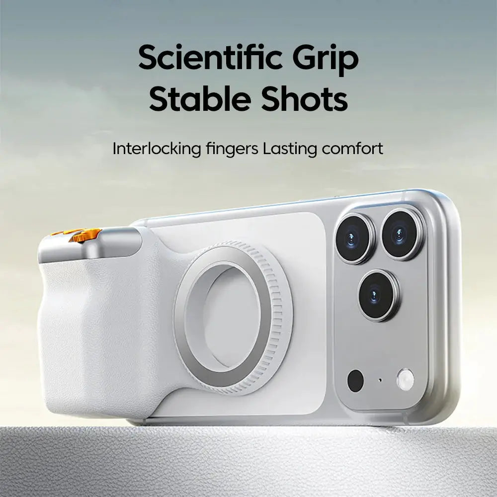 Magnetic phone camera grip attached to a white smartphone with an orange shutter trigger for stable shots.