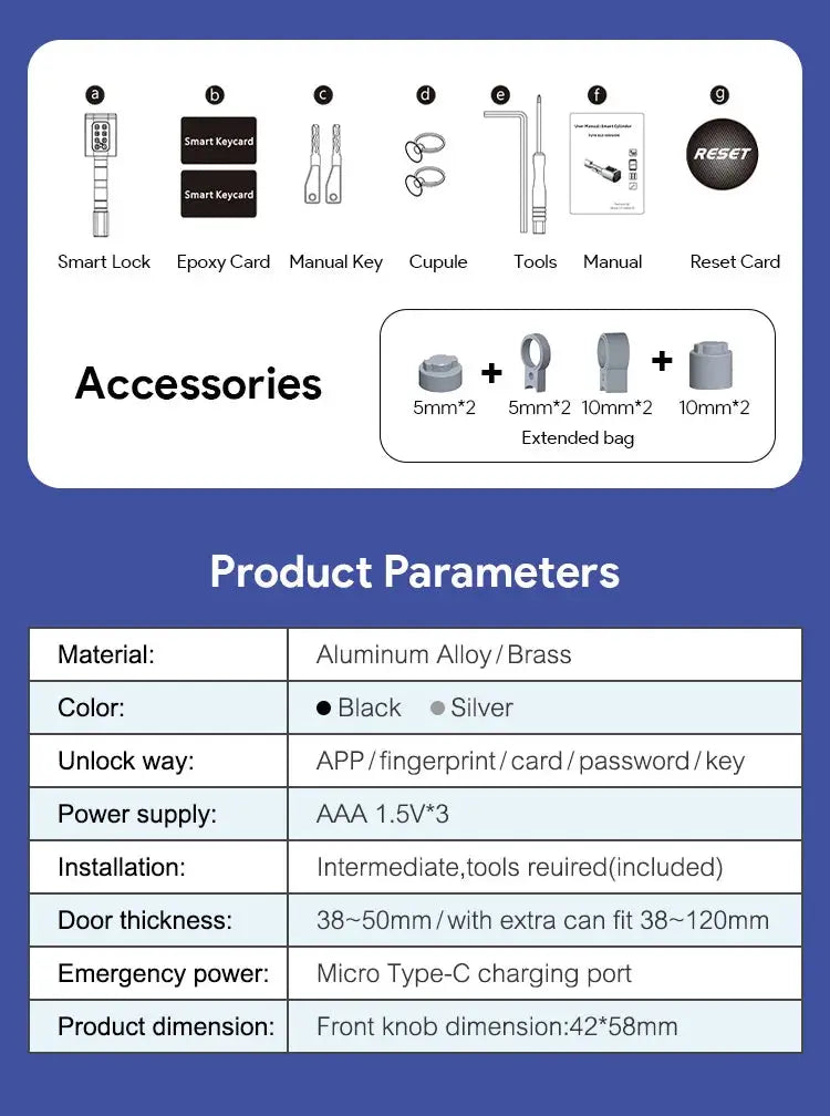 V1 Pro+ smart door lock accessories kit by Simples Market including smart lock, epoxy cards, manual keys, tools